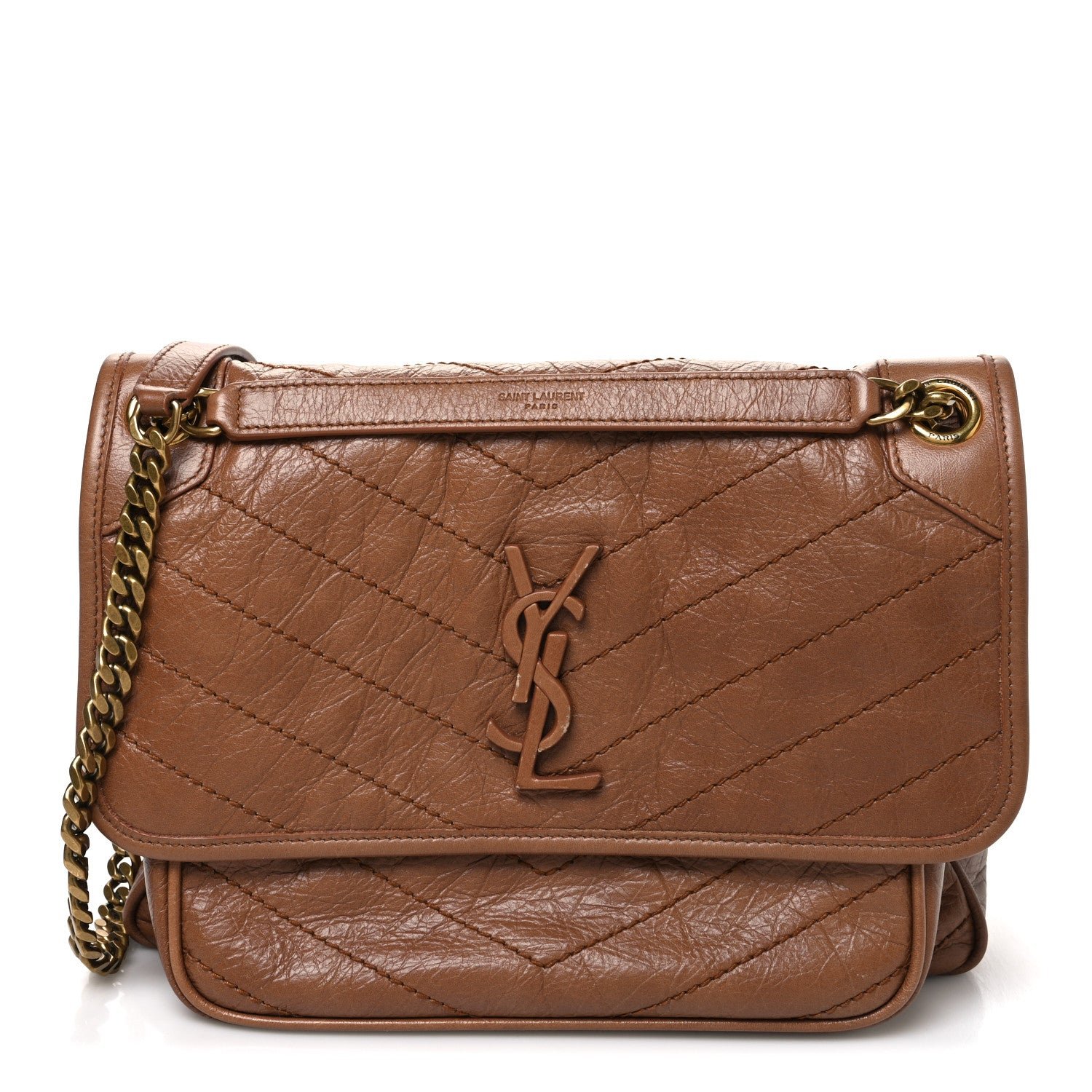 Saint Laurent Crinkled Calfskin Matelasse Monogram Medium Niki Chain Satchel Caramel