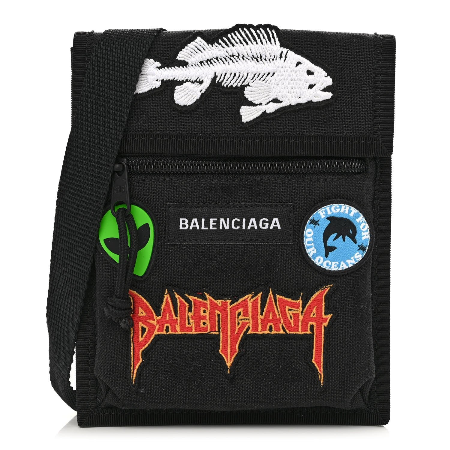Balenciaga Nylon Logo Multi Patch Small Explorer Pouch with Strap Black