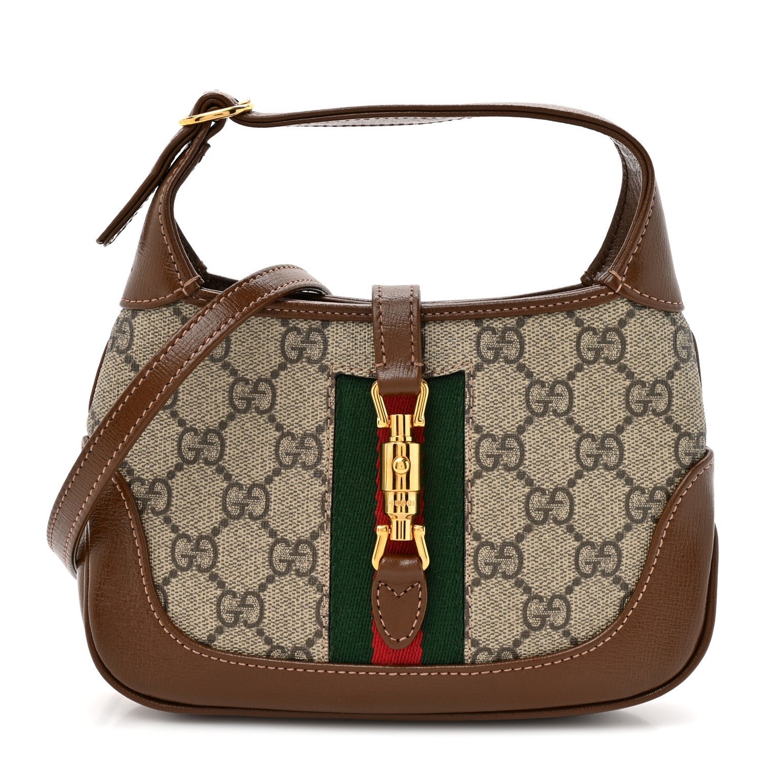 Gucci GG Supreme Monogram Azalea Calfskin Web Mini Jackie 1961 Hobo Beige Ebony Brown Sugar