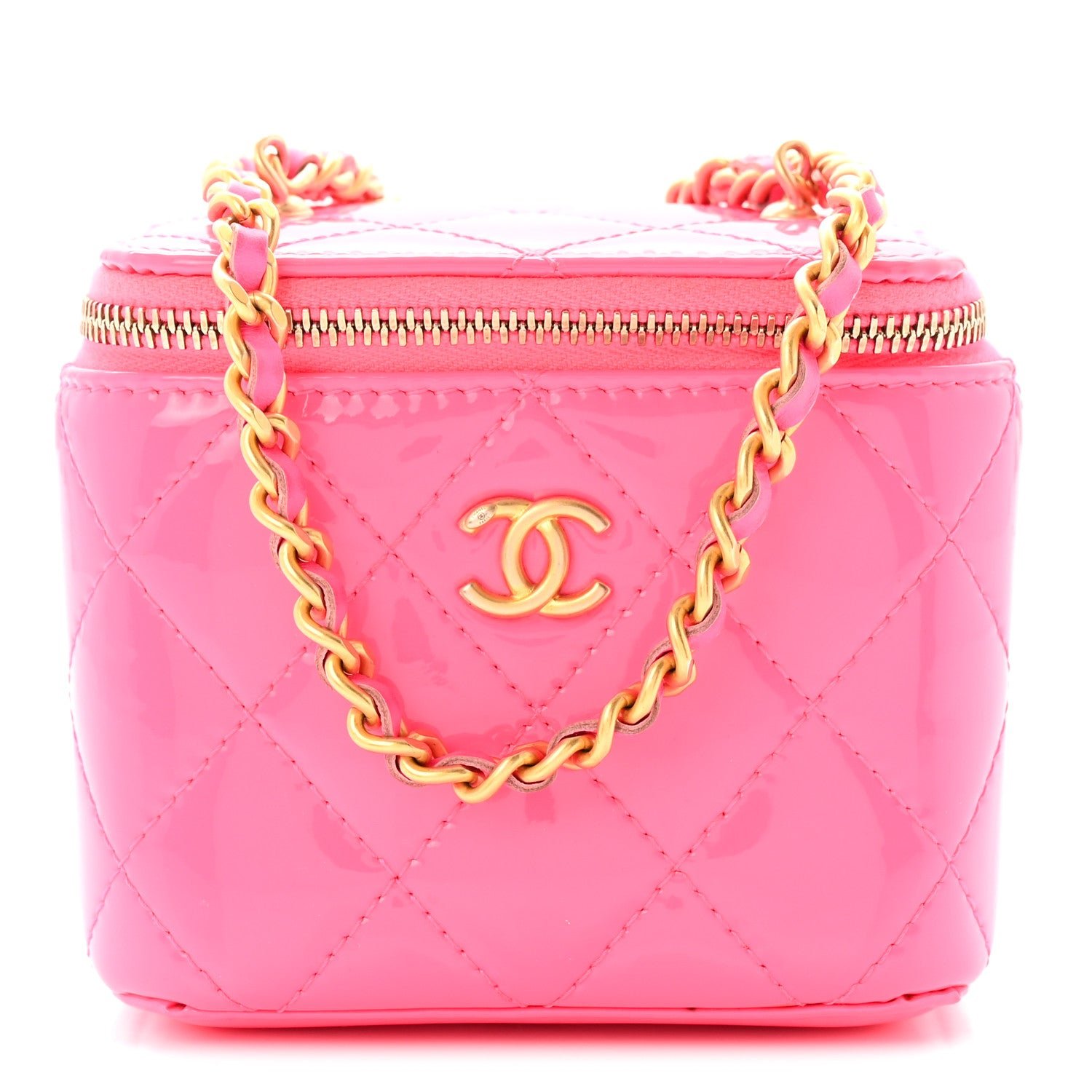 Chanel Patent Quilted Pearl Crush Mini Vanity Case With Chain Neon Pink