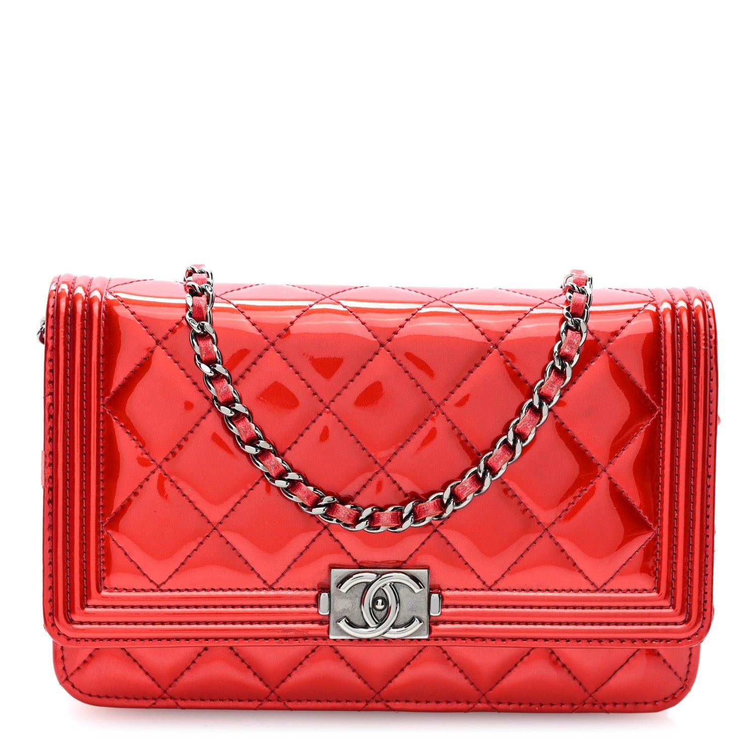 Chanel Metallic Patent Calfskin Quilted Boy Wallet On Chain WOC Red