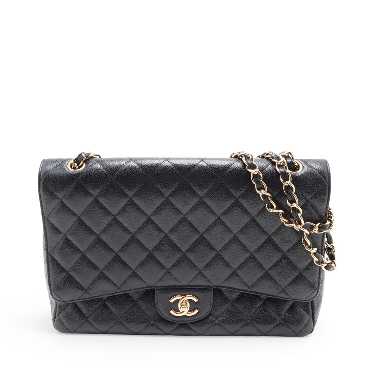 Chanel DEKAMATRASSE 34 Maxi Caviar Skin Single Flap Double Chain Bag Black Gold
