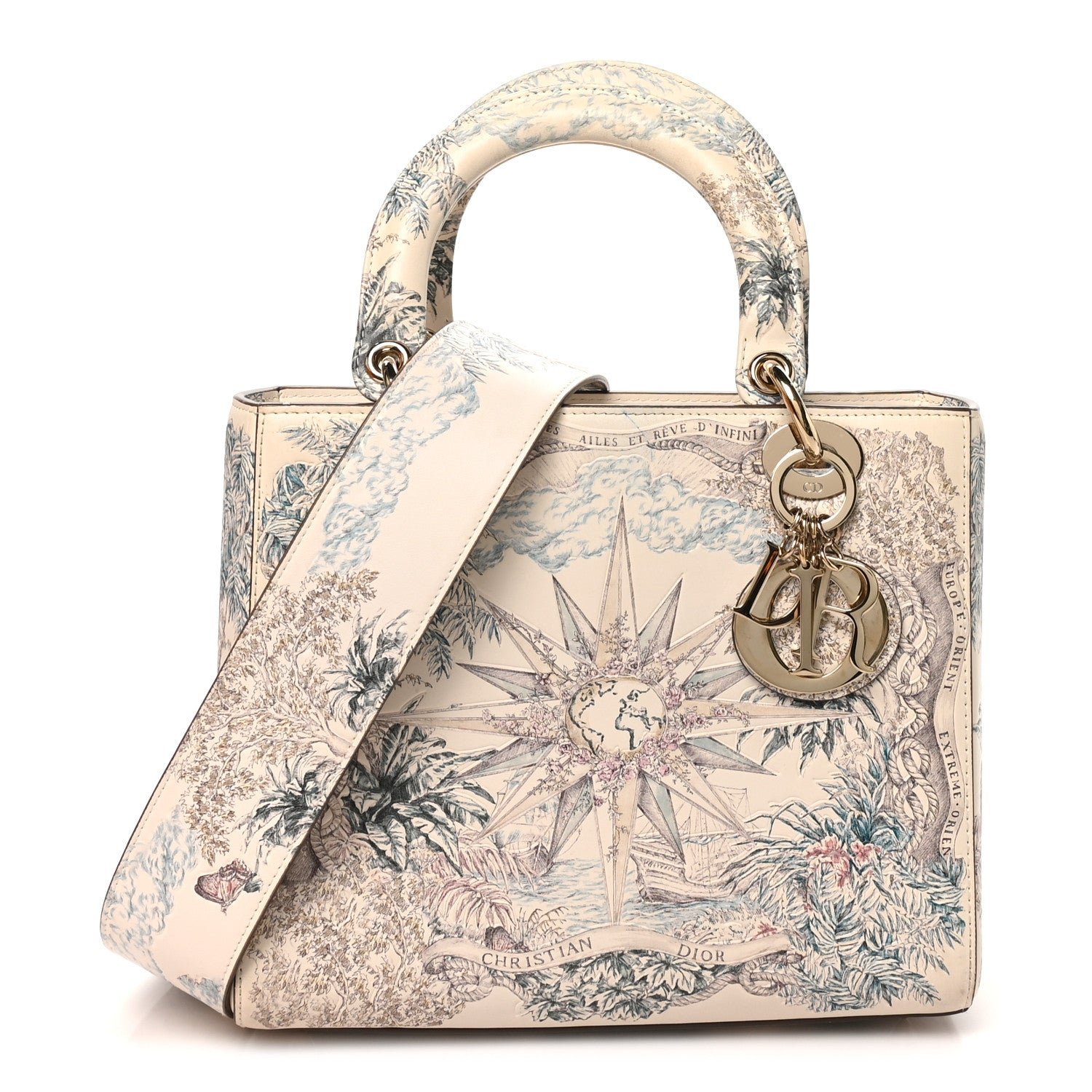 Christian Dior Calfskin Reve d'Infini Print Medium Lady Dior White Multicolor