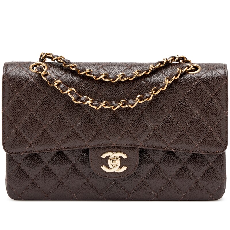 Chocolate Brown Quilted Caviar Medium Classic Double Flap Bag Gold Hardware, 2004-2005