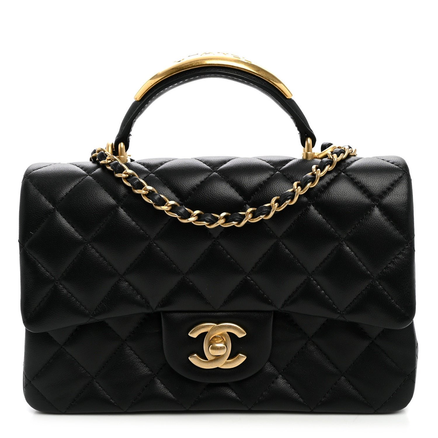 Chanel Lambskin Quilted Metal Mini Top Handle Rectangular Flap Black