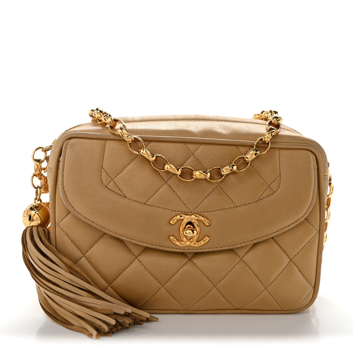 Chanel Lambskin Quilted Tassel Flap Camera Bag Light Beige