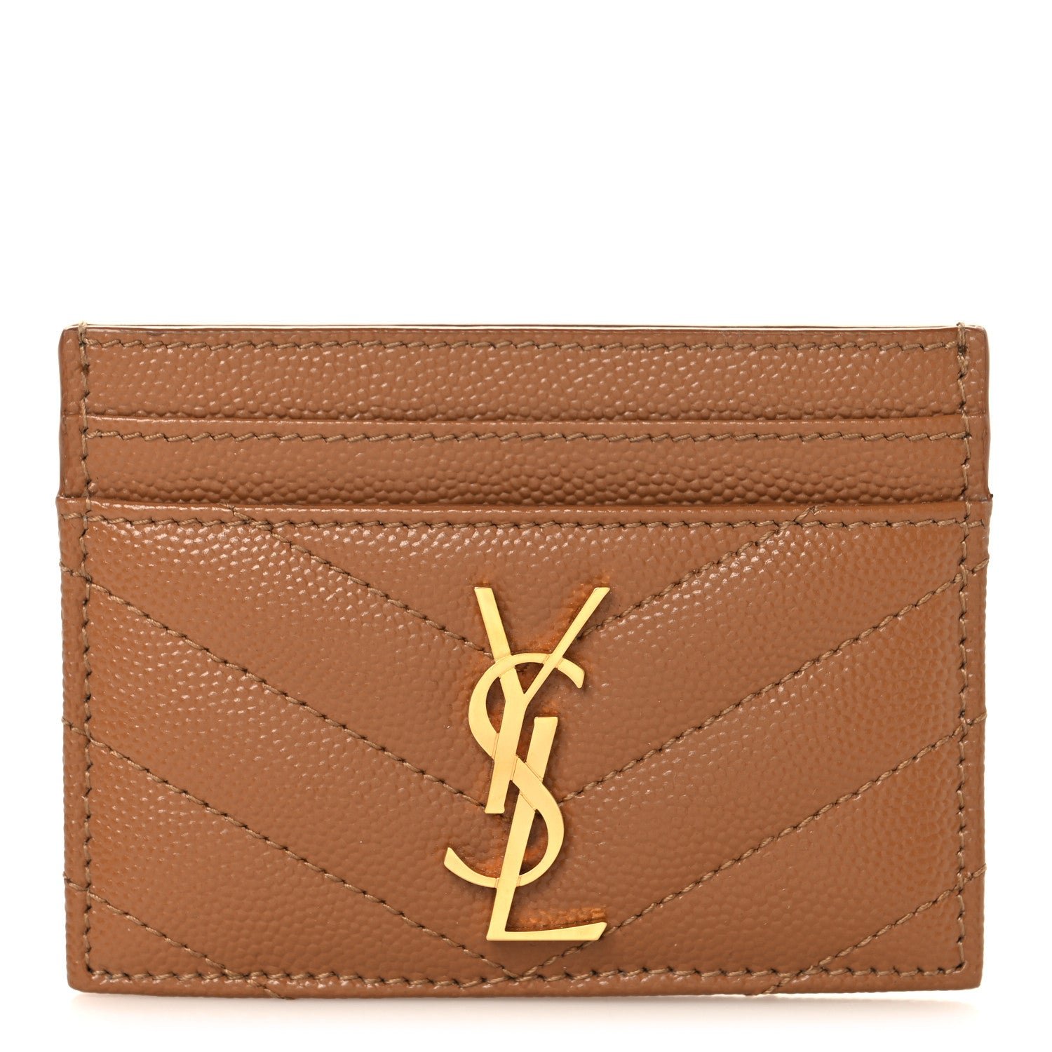 Saint Laurent Grain De Poudre Matelasse Chevron Monogram Credit Card Case Natural Dark