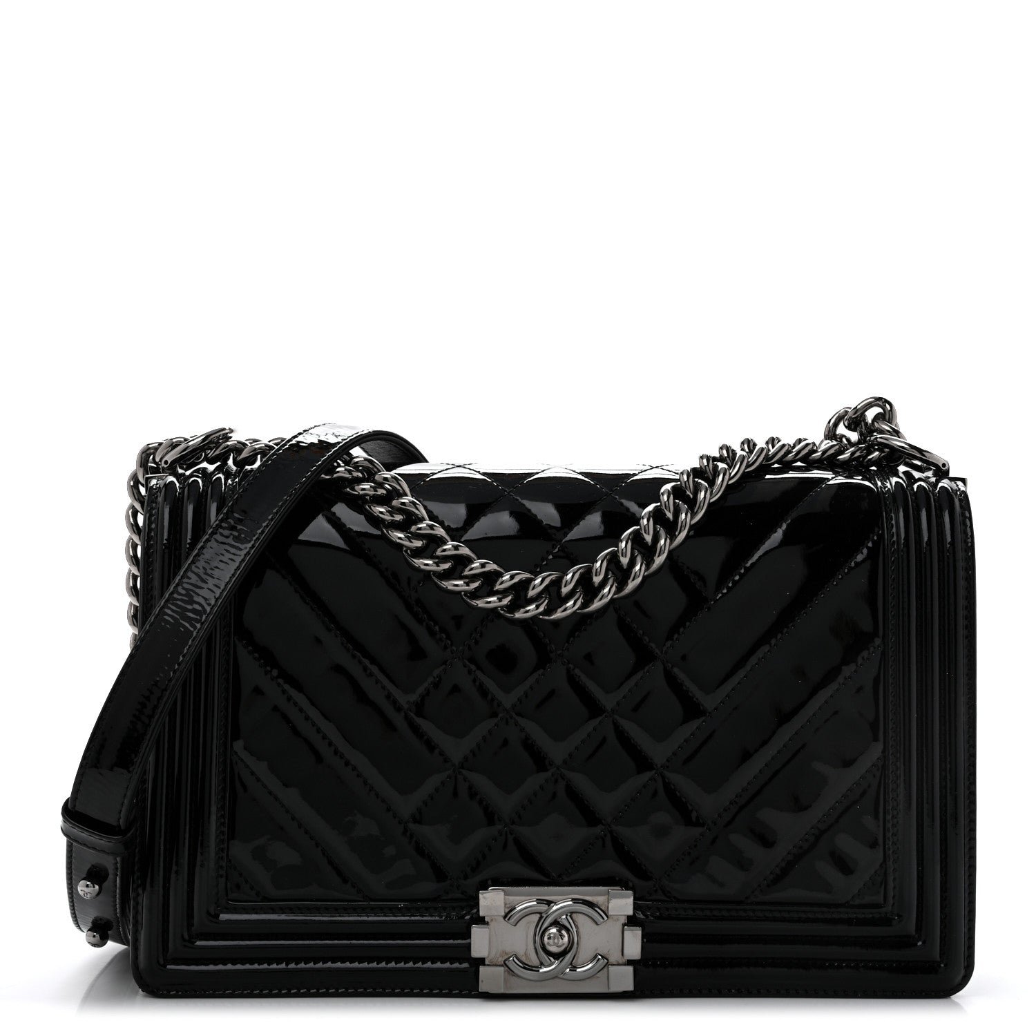 Chanel Patent Chevron Quilted New Medium Boy Flap Black