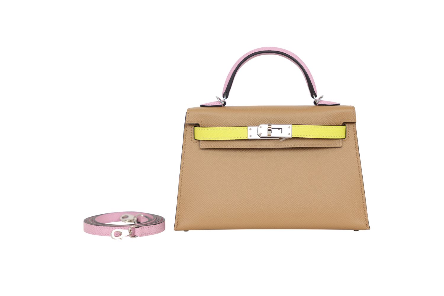 Hermes Hermes Kelly II Sellier Mini Handbag, Beige Tri Color Chai, Lime, Mauve Sylvester Epsom and Palladium Hardware, U 2022 Stamp, Preowned in Box WA001