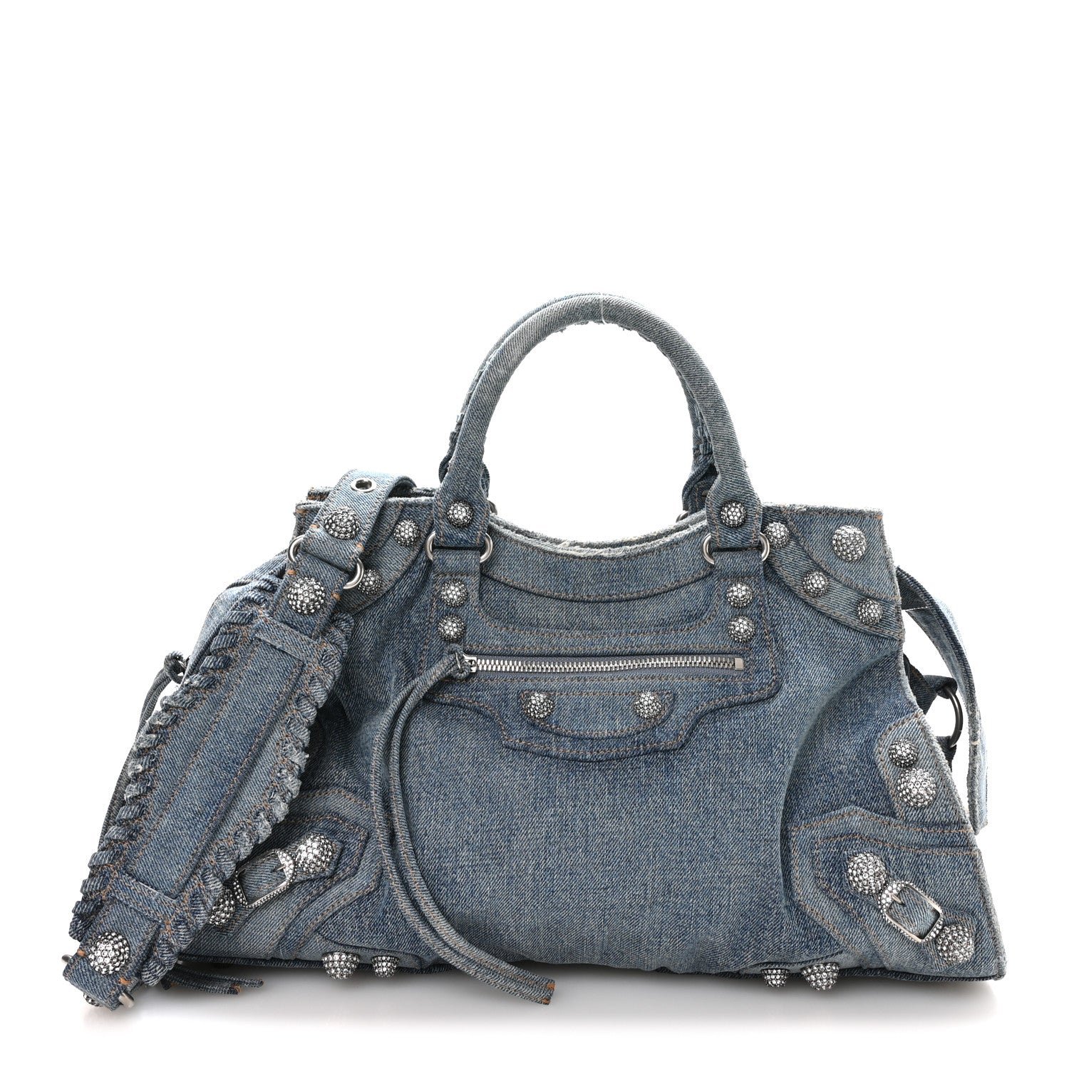 Balenciaga Washed Frayed Denim Crystal Neo Cagole City Handbag Blue