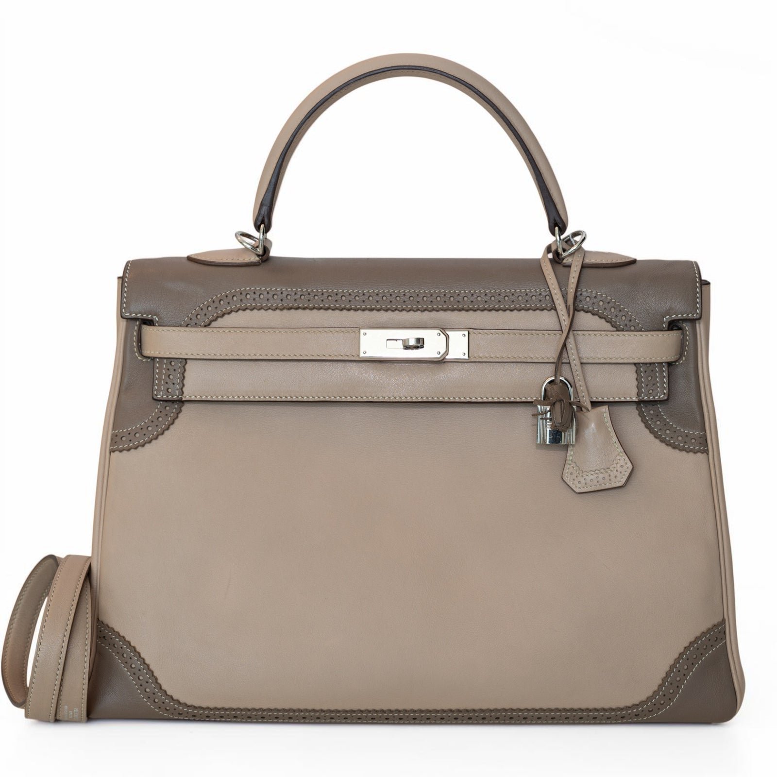 Hermes Hermès Kelly 32 Ghillies Retourne Étoupe and Argile Swift Palladium Hardware
