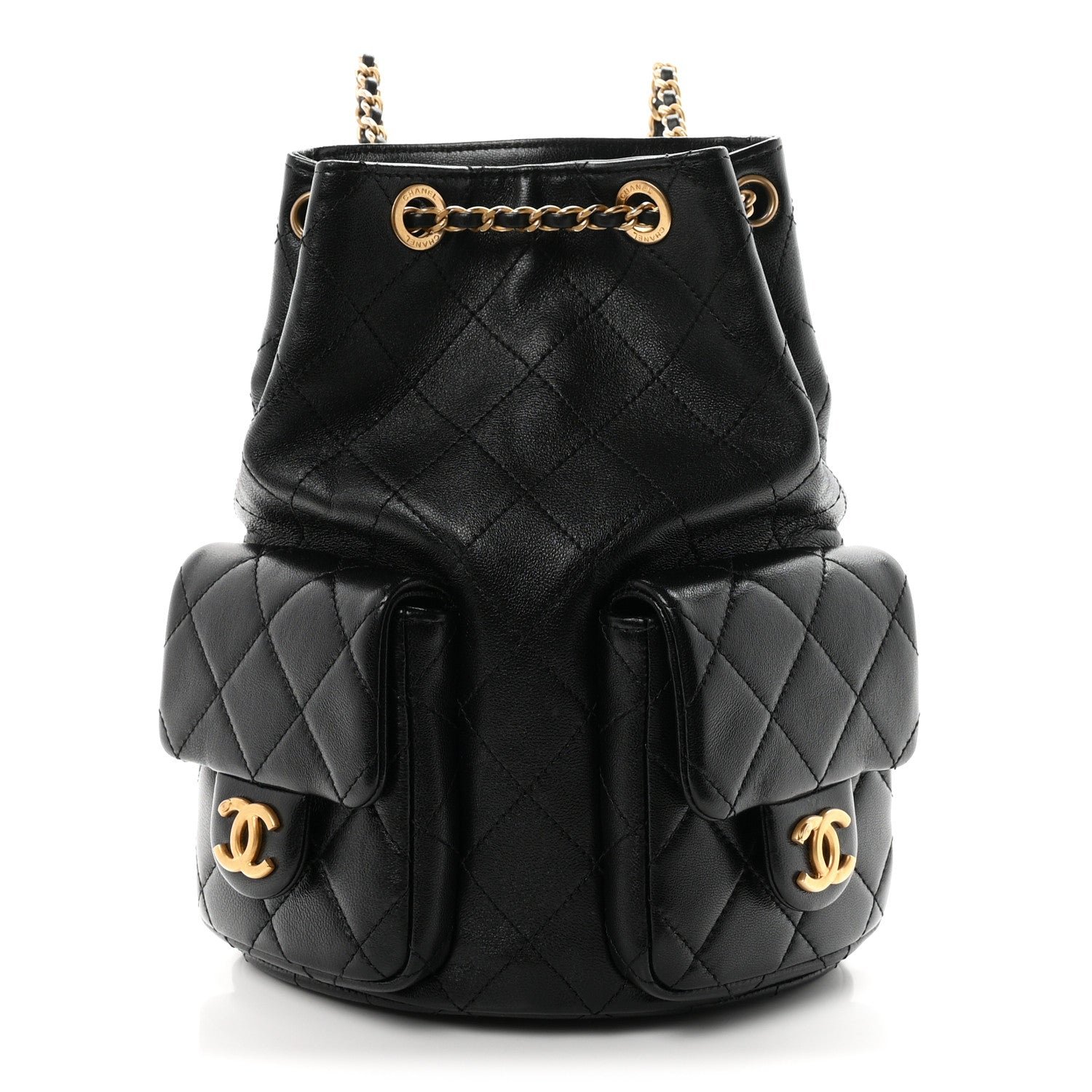 Chanel Shiny Lambskin Quilted Double Pocket Backpack Black