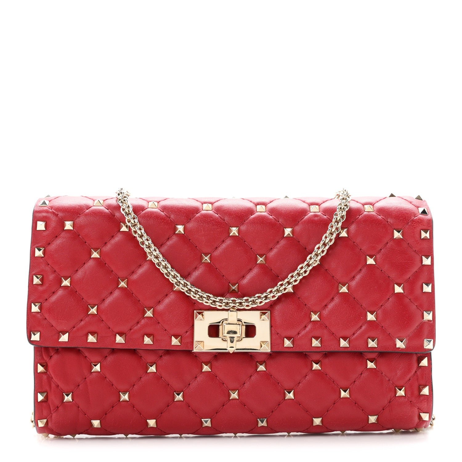 Valentino Garavani Lambskin Rockstud Spike Wallet on Chain Red