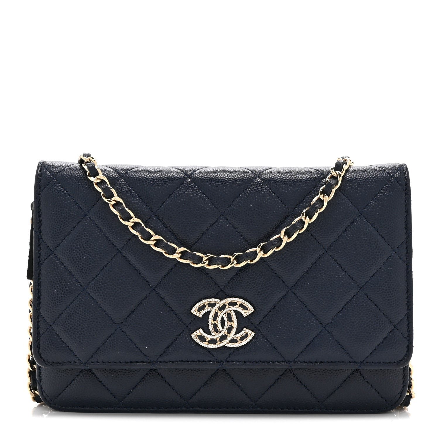 Chanel Caviar Quilted Crystal CC Wallet On Chain WOC Navy
