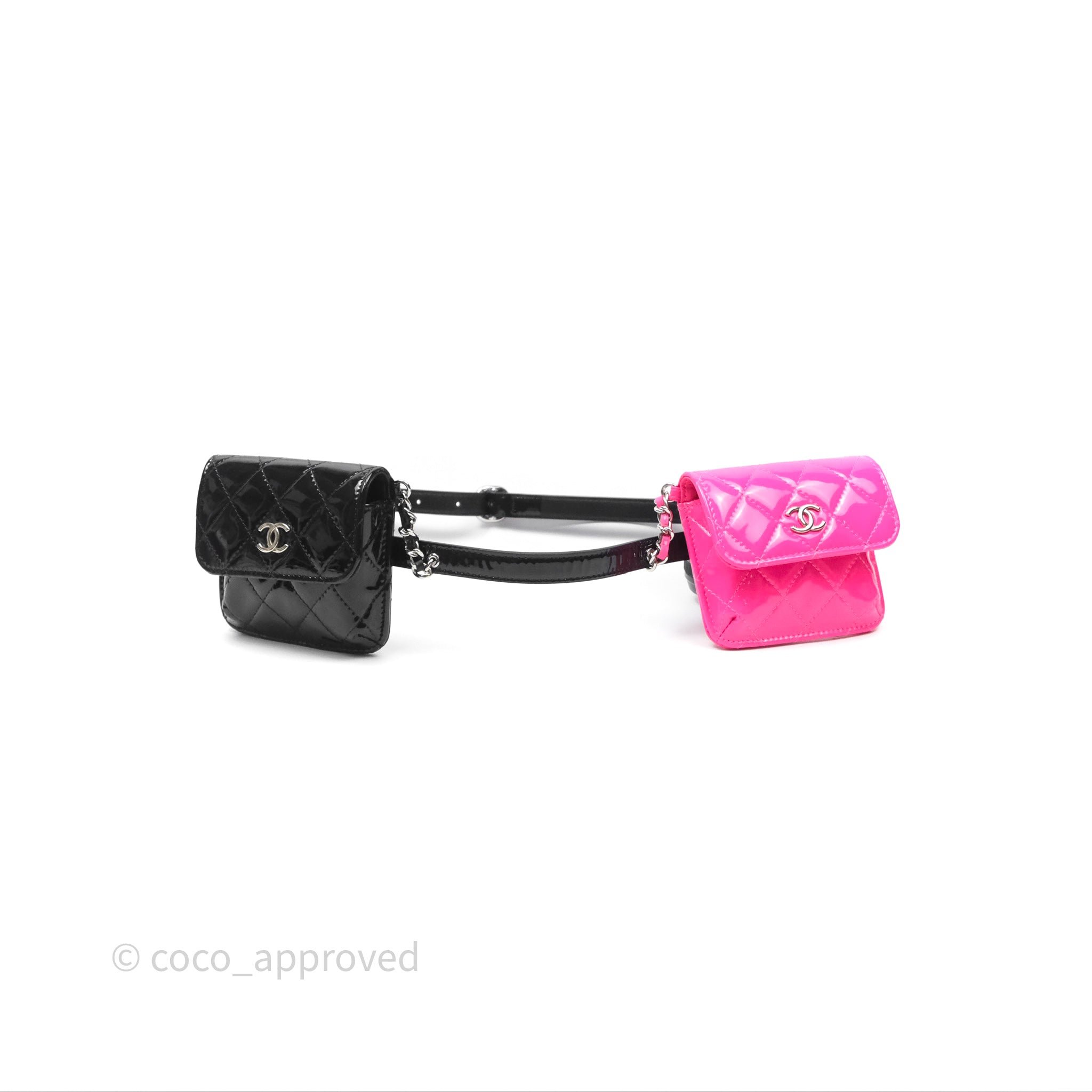 Chanel Double Waist Belt Bag Patent Pink / Black Silver Hardware