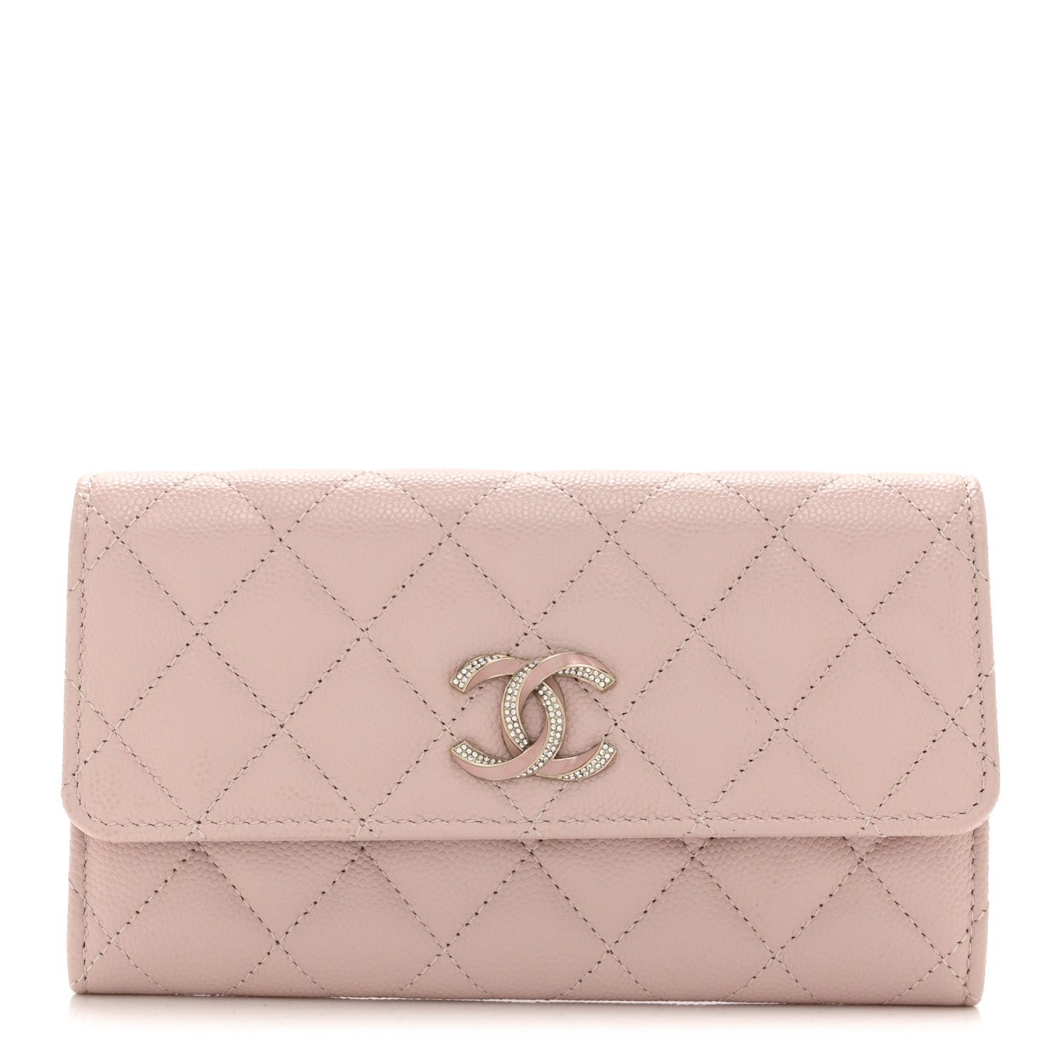 Chanel Caviar Quilted Enamel Crystal CC Flap Wallet Light Pink