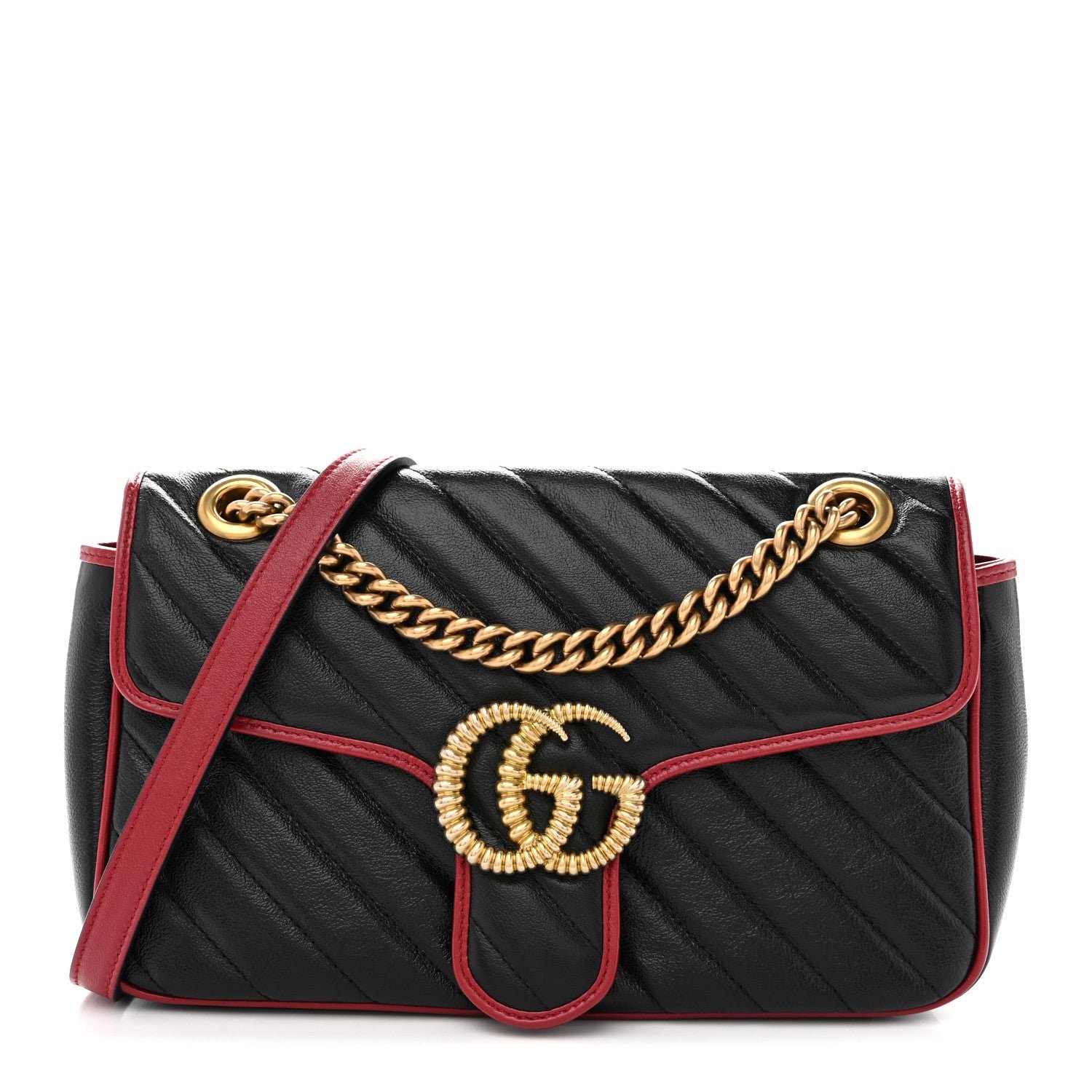 Gucci Vintage Effect Calfskin Matelasse Diagonal Small Torchon GG Marmont Shoulder Bag Black Romantic Cherry