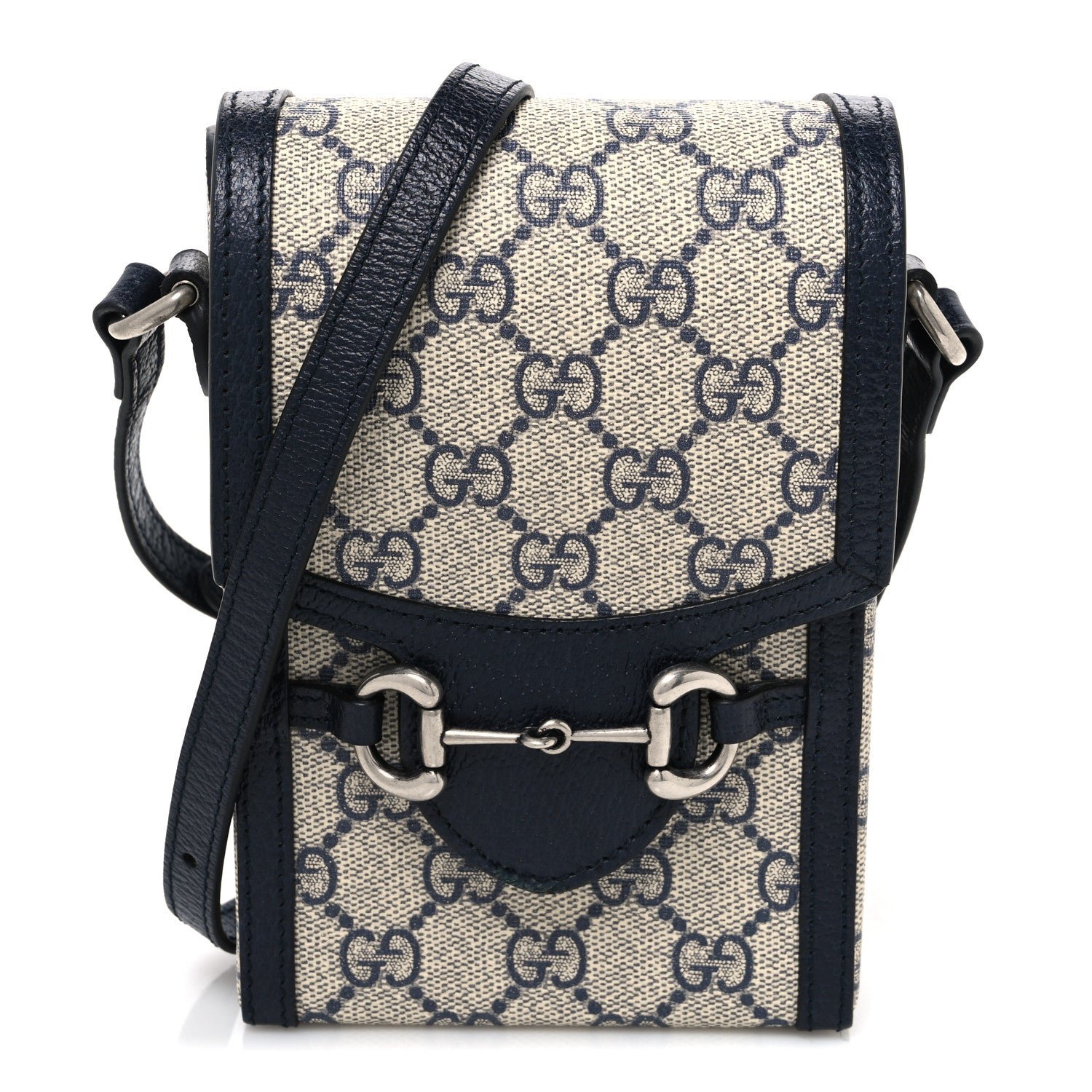 Gucci GG Supreme Monogram Textured Dollar Calfskin Mini Horsebit 1955 Crossbody Bag Beige Blue