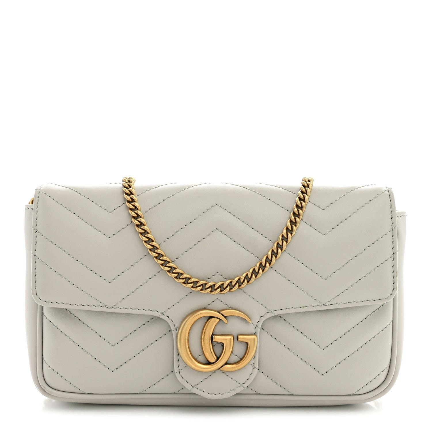 Gucci Calfskin Matelasse Mini GG Marmont Shoulder Bag With Card Holder Light Grey Salvy Green