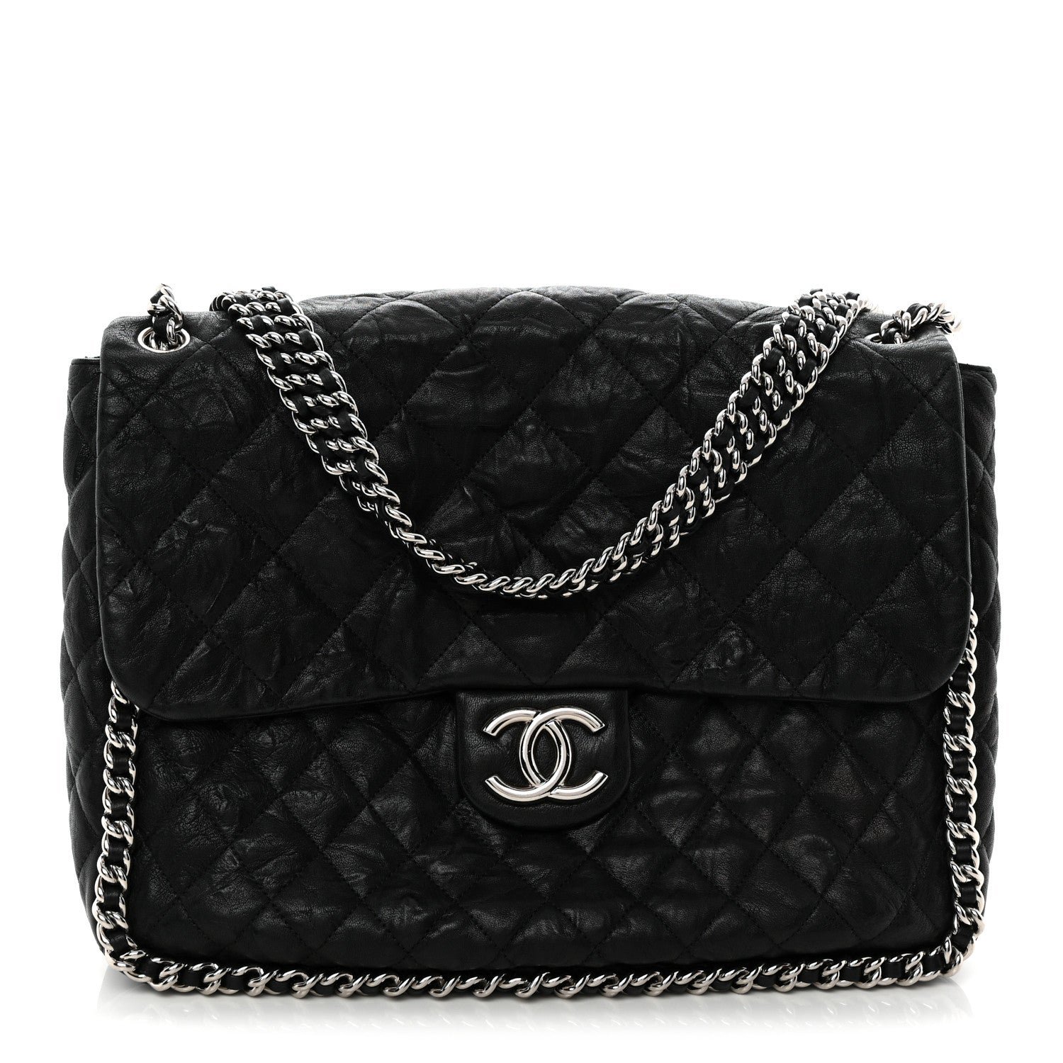 Chanel Washed Lambskin Quilted Maxi Chain Around Flap Black
