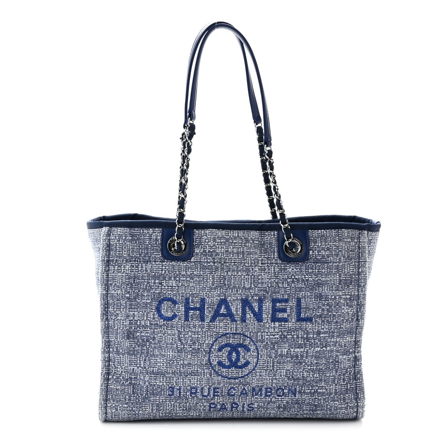 Chanel Woven Straw Raffia Small Deauville Tote Blue