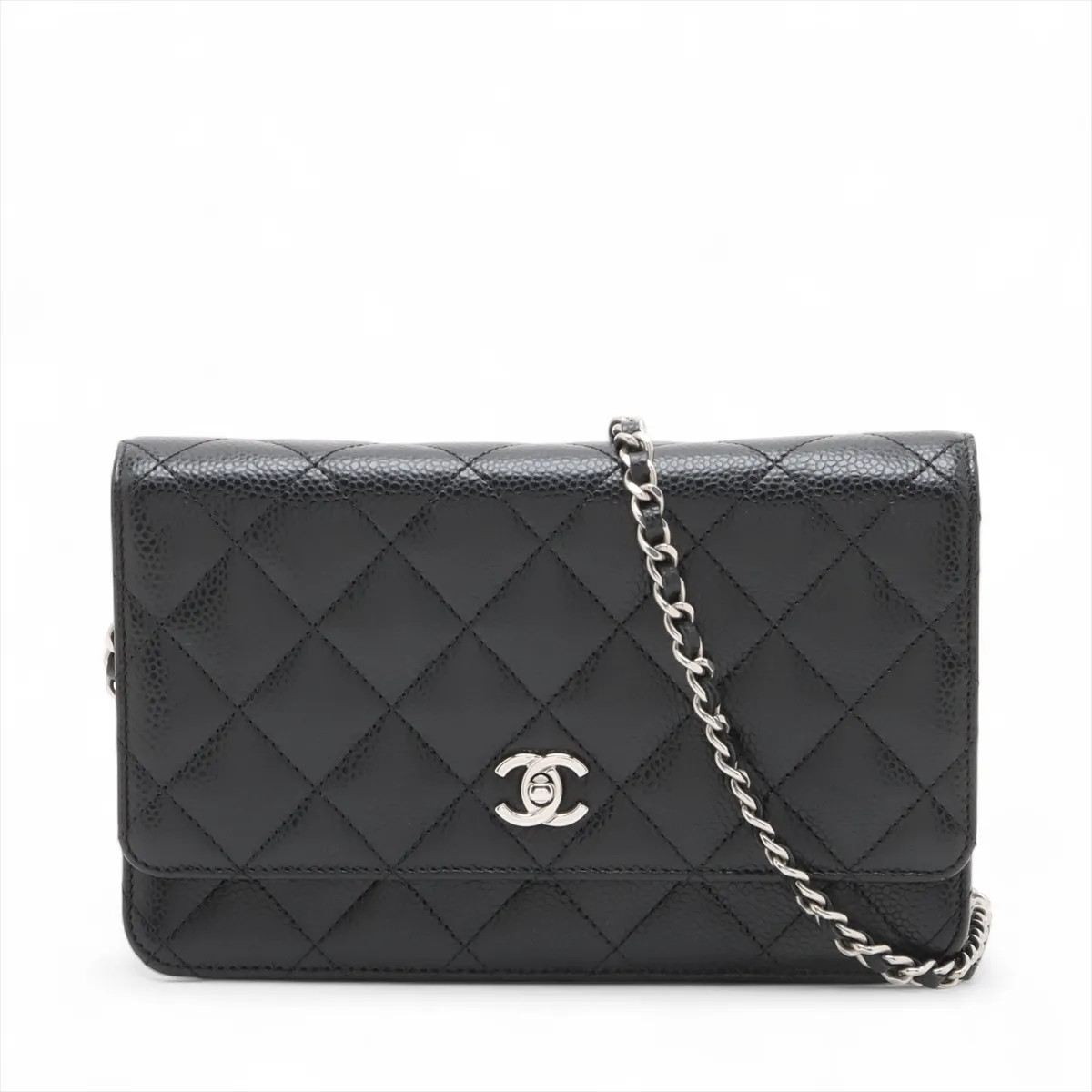 Chanel Matelasse Caviar Skin Chain Wallet Black Silver Metal Fittings random pla