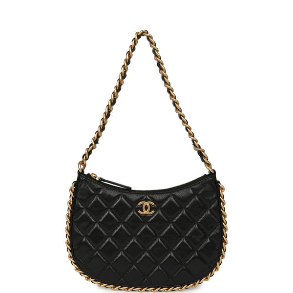 Chanel Small Chain Around Hobo Bag Black Shiny Lambskin Antique Gold Hardware