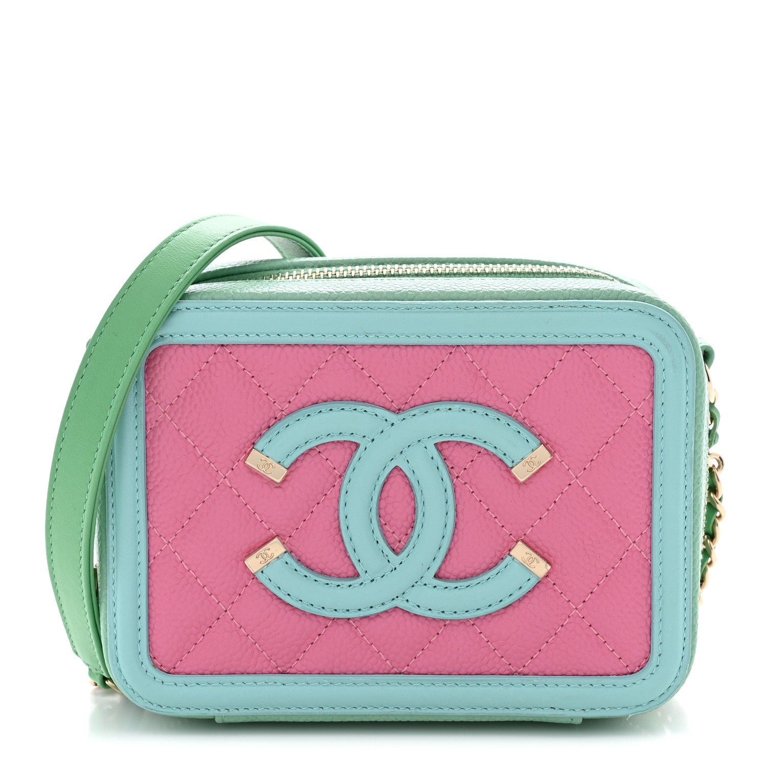 Chanel Caviar Quilted Filigree Vanity Clutch With Chain Pink Light Blue Green