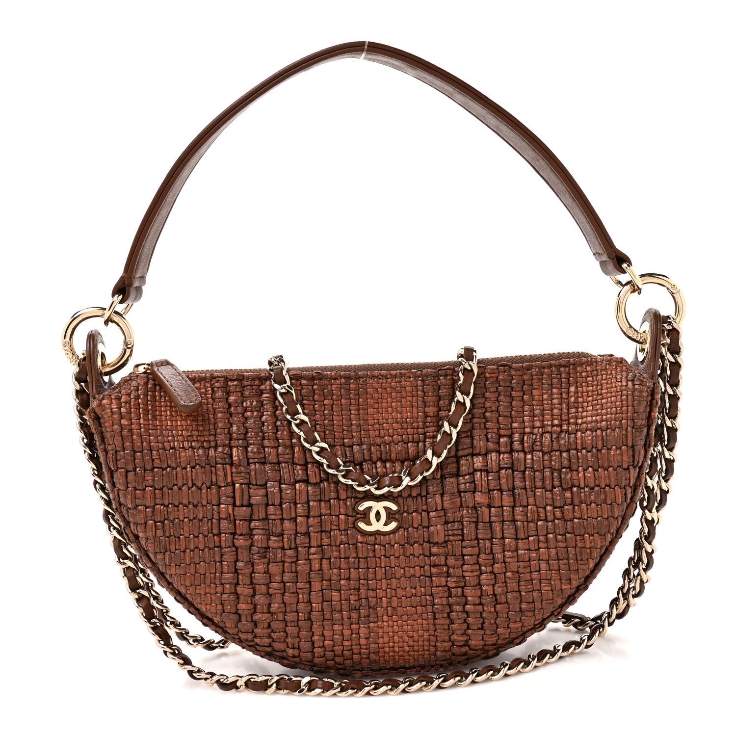 Chanel Braided Raffia Clutch With Chain Brown