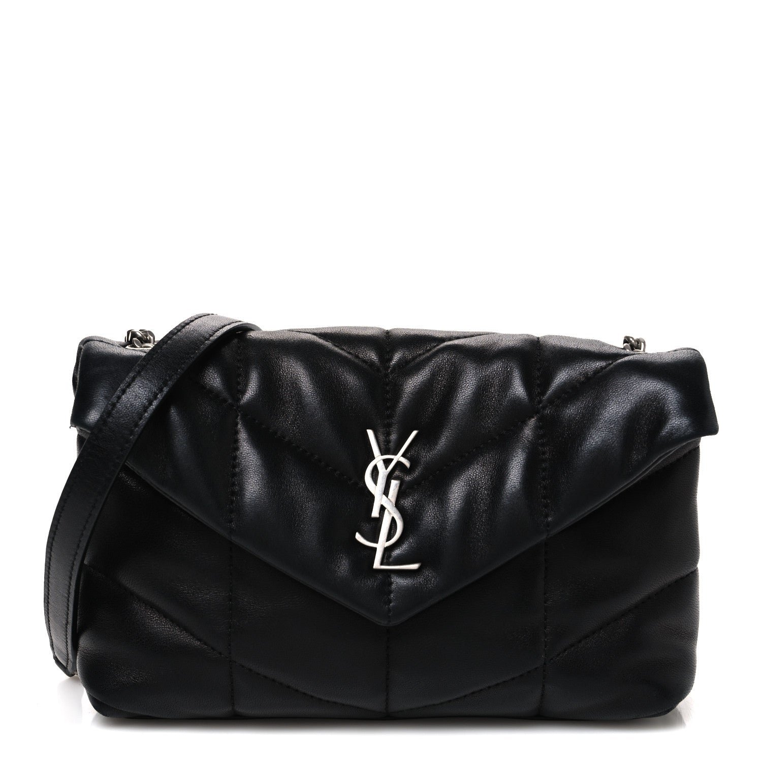 Saint Laurent Lambskin Quilted Toy Loulou Puffer Monogram Chain Satchel Black