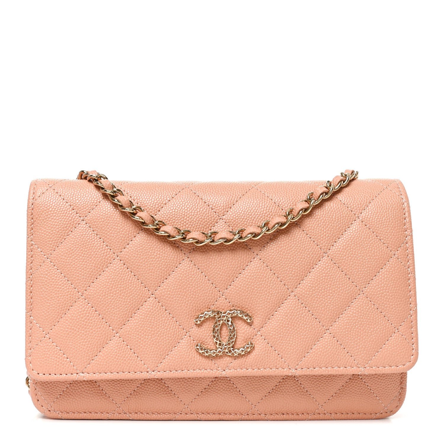 Caviar Quilted Perforated Metal CC Wallet On Chain WOC Beige