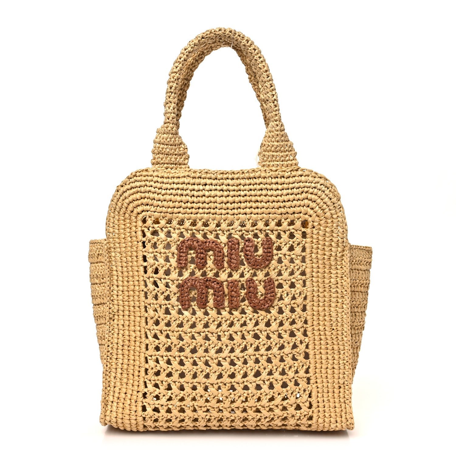 Miu Miu Raffia Crochet Woven Tote Bag Beige