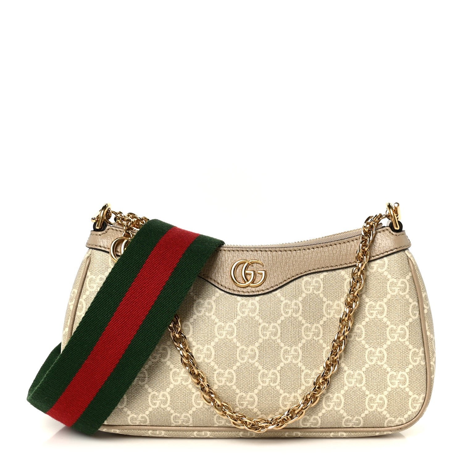 Gucci GG Supreme Monogram Textured Dollar Calfskin Web Small Ophidia GG Handbag Beige Mystic White Oatmeal