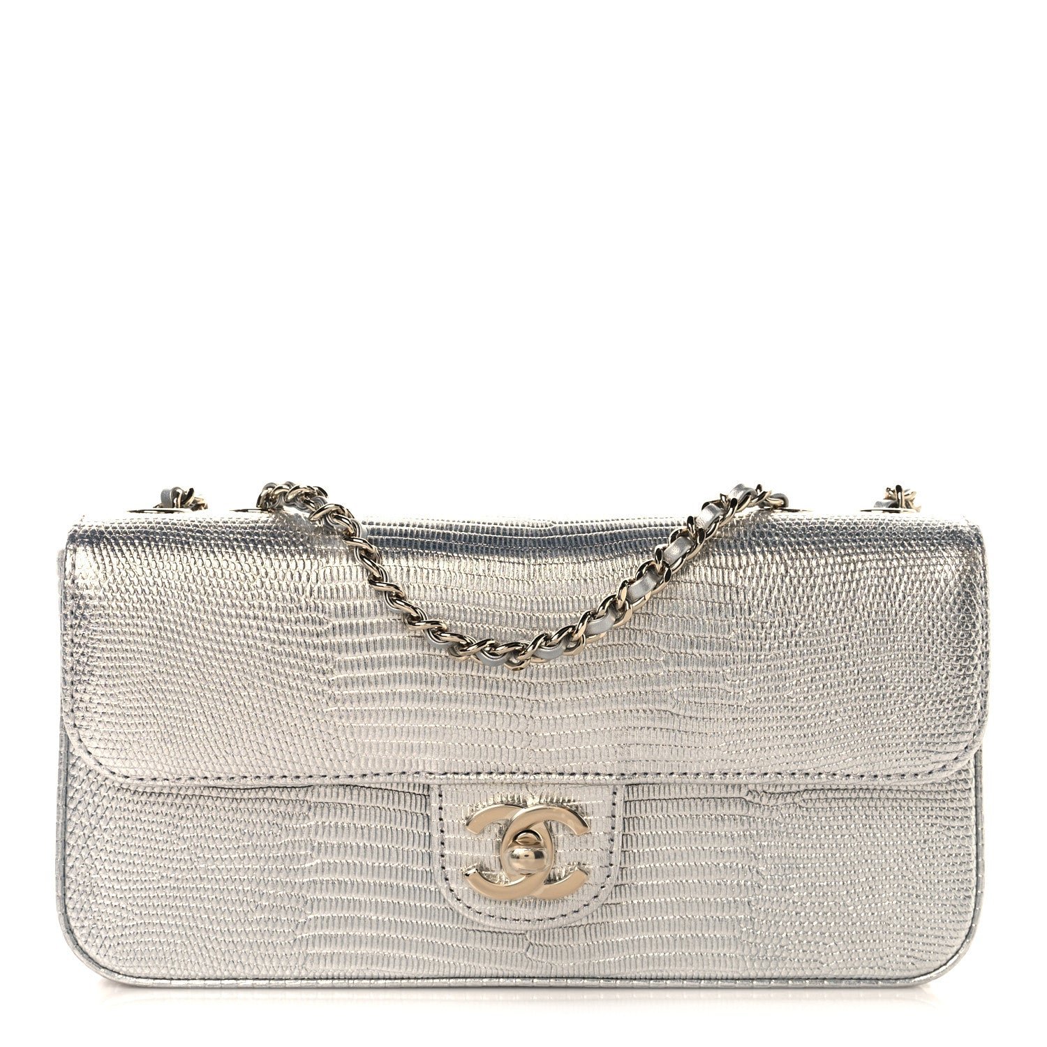 Chanel Metallic Calfskin Lizard Embossed Small East West Flap Silver