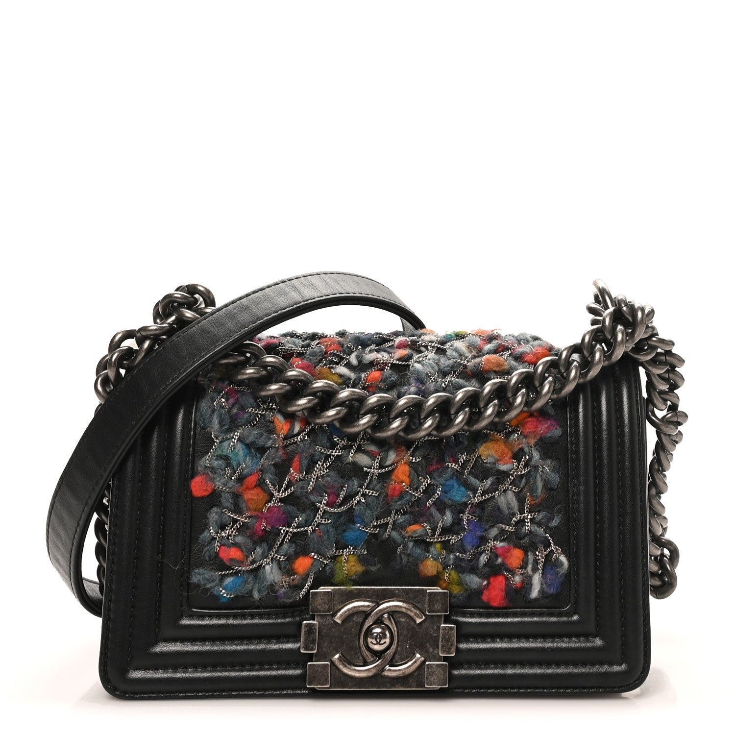 Chanel Calfskin Tweed Chain Small Boy Flap Black