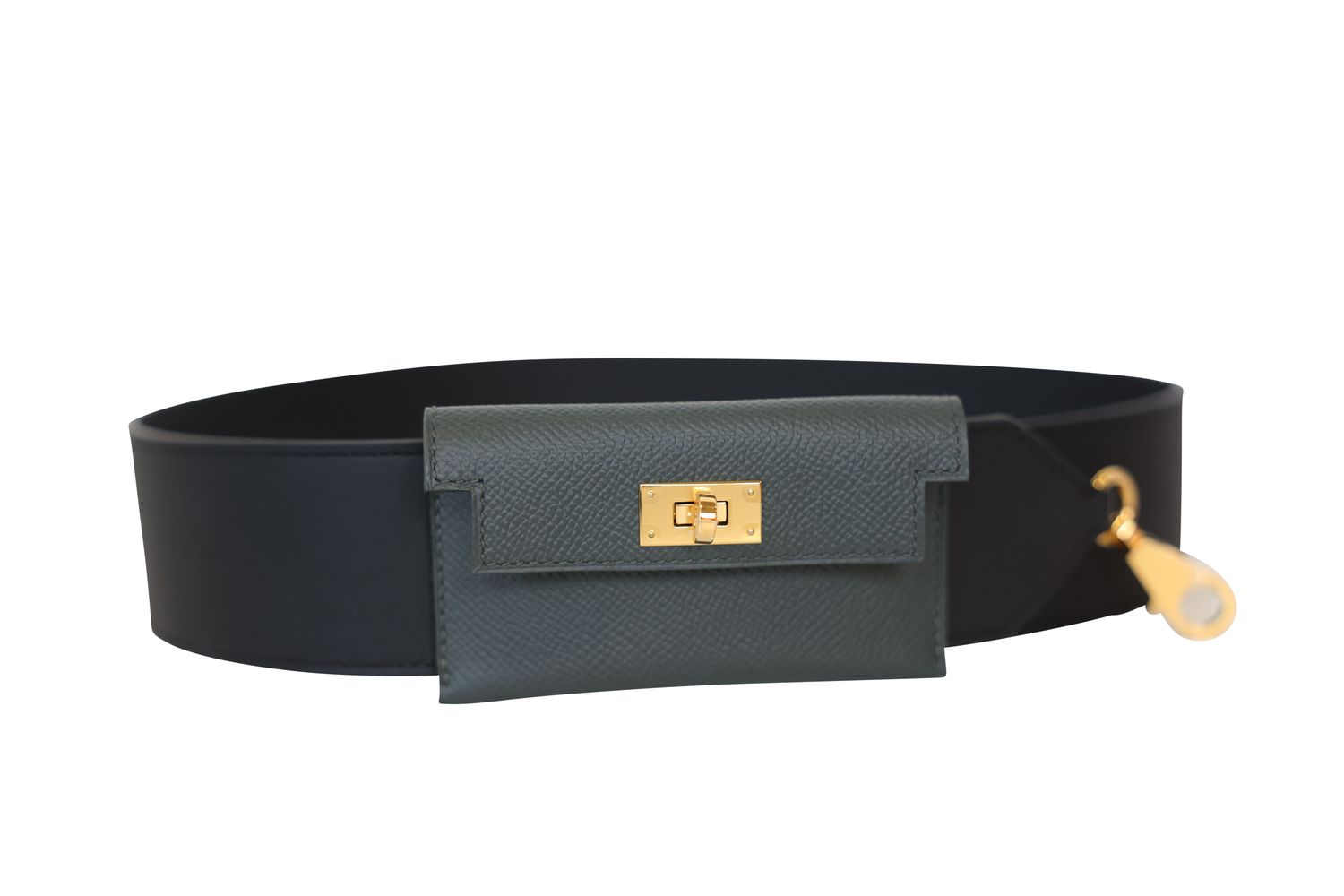 Hermes Kelly Pocket 50 mm Bag Strap, Black Noir Swift and  Green Vert Mangrove Epsom Leather with Gold Hardware, K 2025 Stamp, Preowned in Box WA001