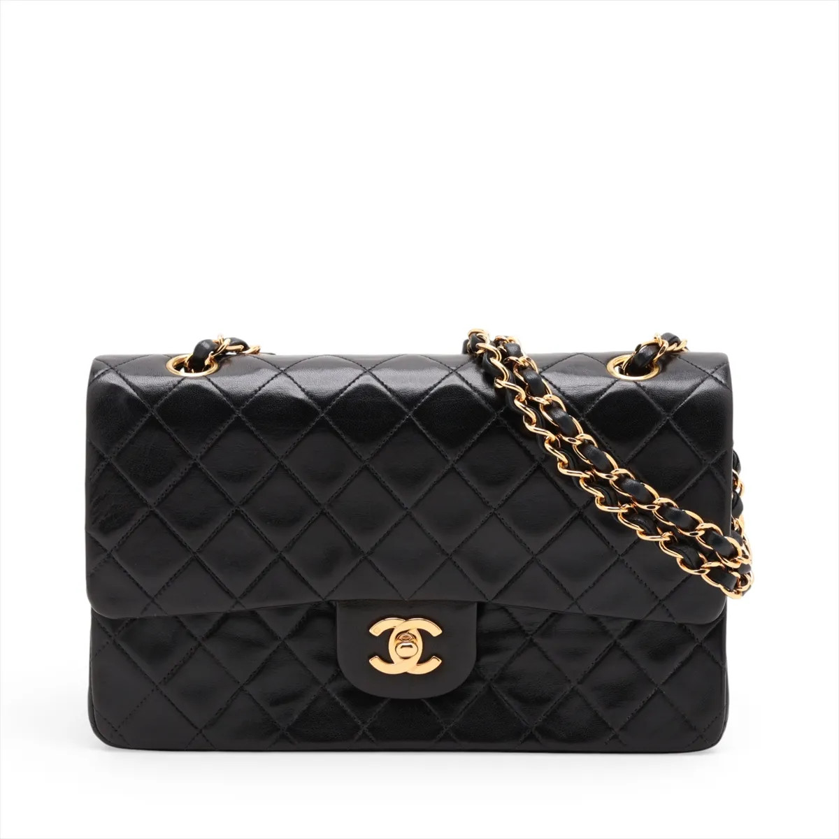 Chanel Matelasse 25 Lambskin Double Flap Double Chain Bag Black Gold Metal Fitti