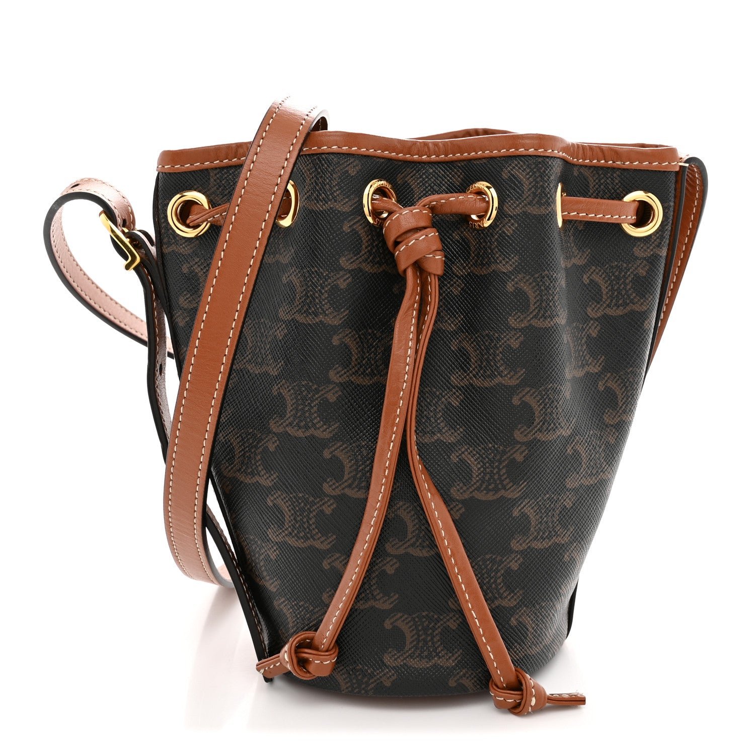 Celine Triomphe Canvas Calfskin Micro Drawstring Bucket Bag Tan
