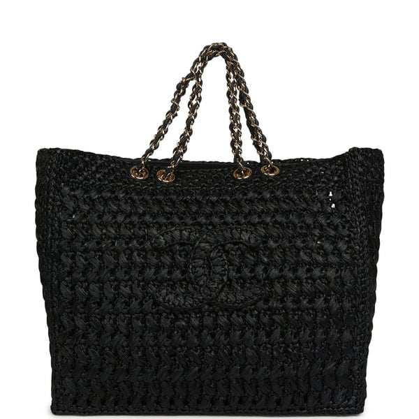 Chanel Coco Beach CC Shopping Tote Black Raffia and Calfskin Gold Hardware