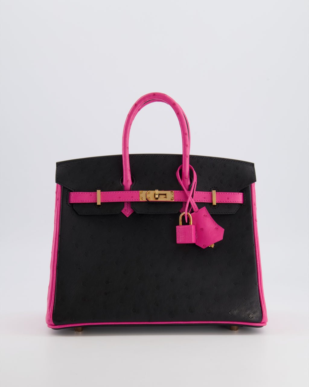 *RARE* Hermès HSS Birkin 25 Retourne Bag in Black and Rose Shocking Ostrich Leather with Rose Gold Hardware