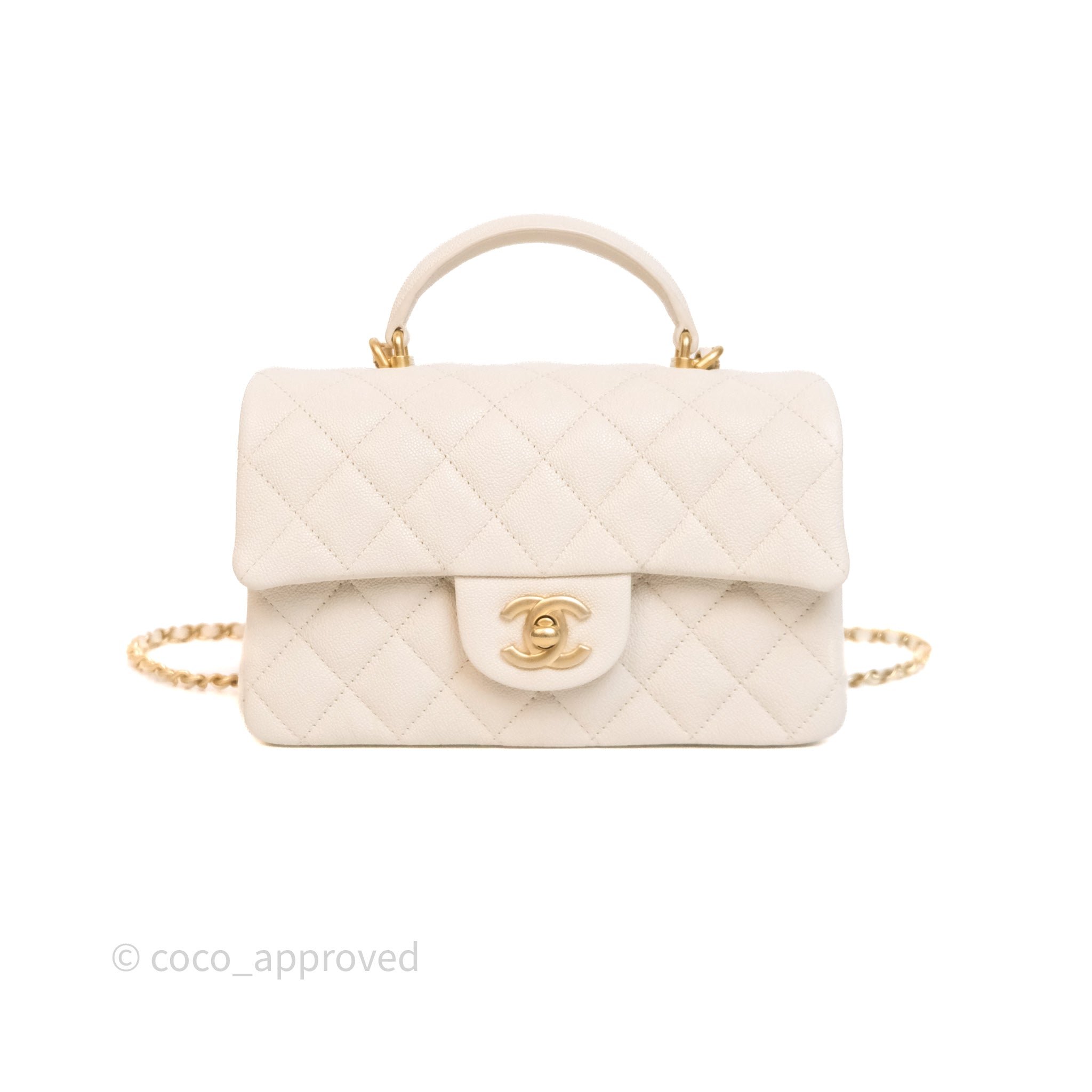 Chanel Top Handle Mini Rectangular Flap Bag Ivory Caviar Aged Gold Hardware 21S