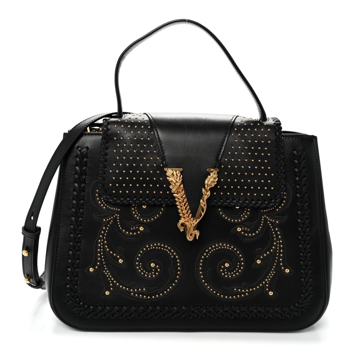 Versace Versace Vitello Western Studded Virtus Top Handle Shoulder Bag Black