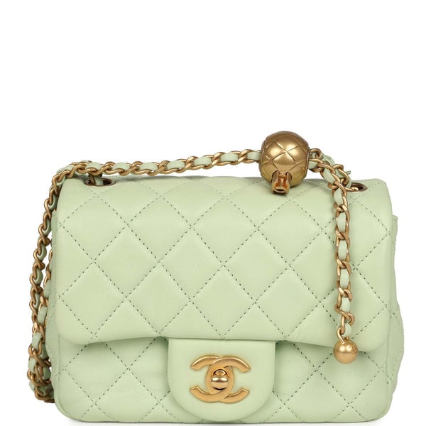 Chanel Mini Square Pearl Crush Flap Bag Light Green Lambskin Antique Gold Hardware