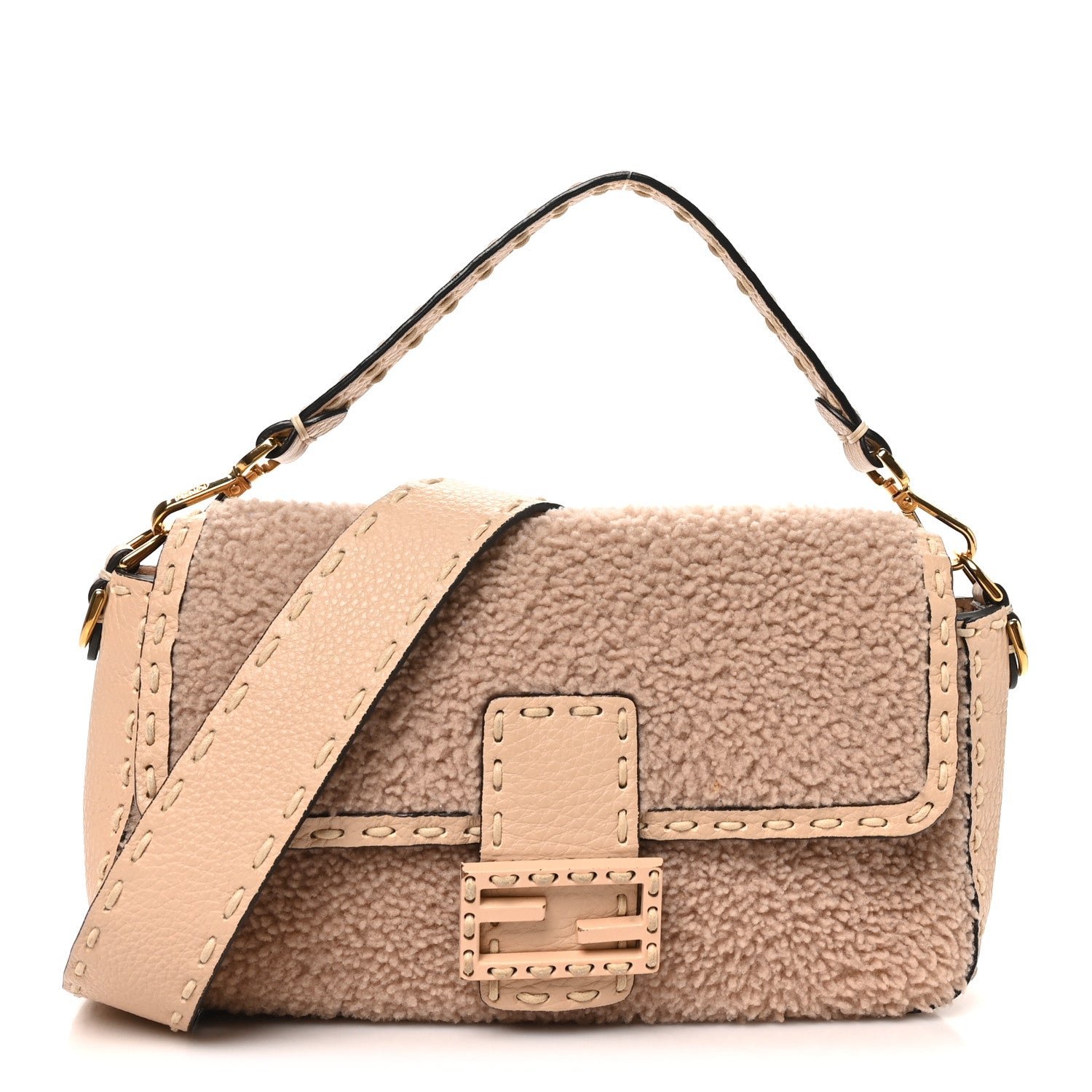 Fendi Curly Sheepskin Cuoio Romano Selleria Baguette Plaster Panna