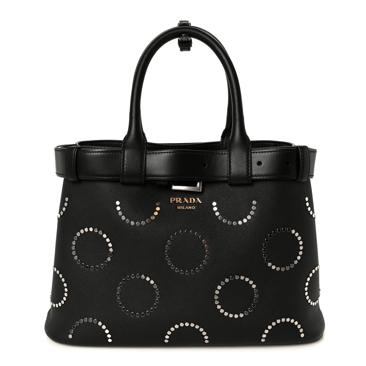 Prada Soft Grain Calfskin Studded Large Buckle Bag With Belt Black
