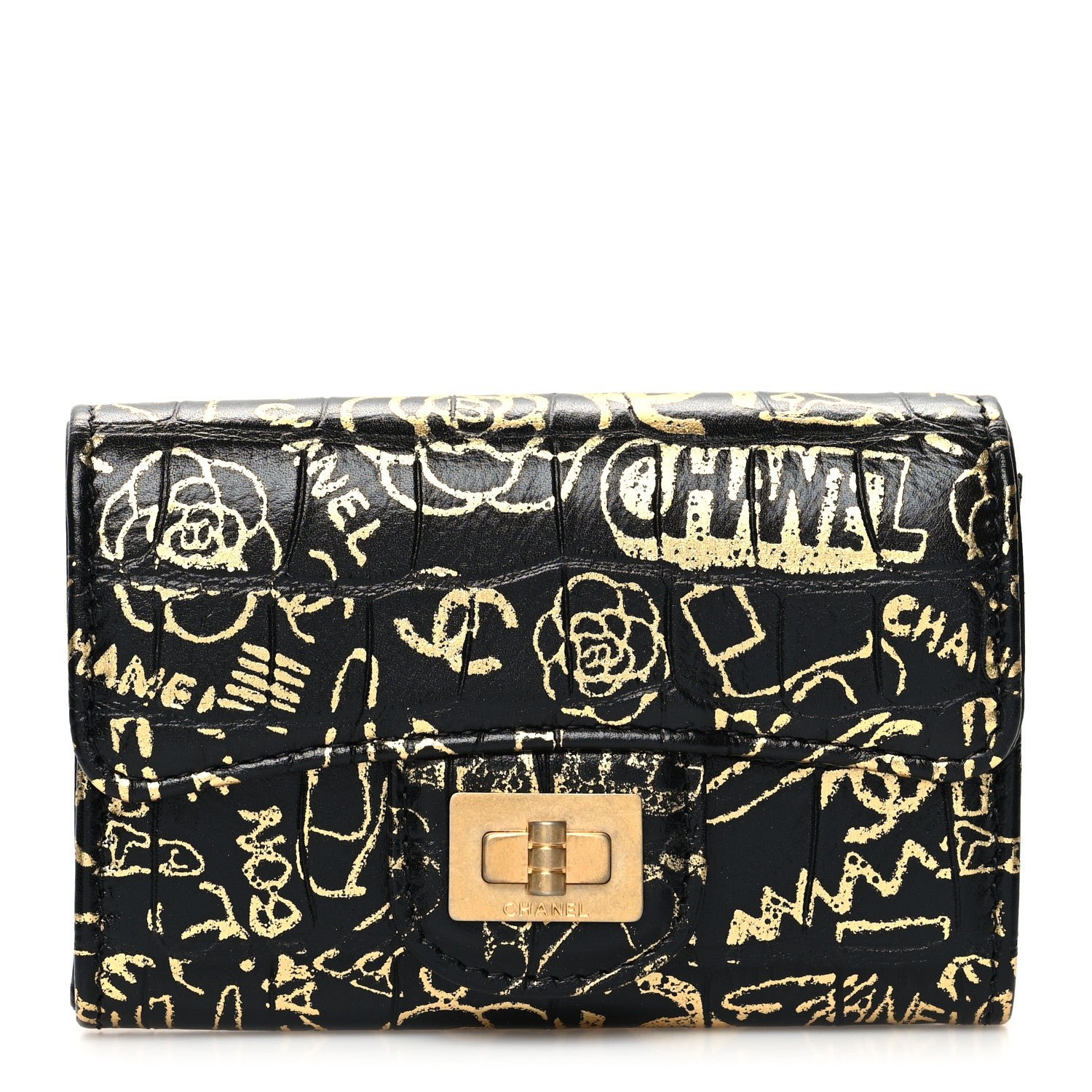 Chanel Calfskin Crocodile Embossed Graffiti 2.55 Cocodile Reissue Flap Card Holder Black Gold