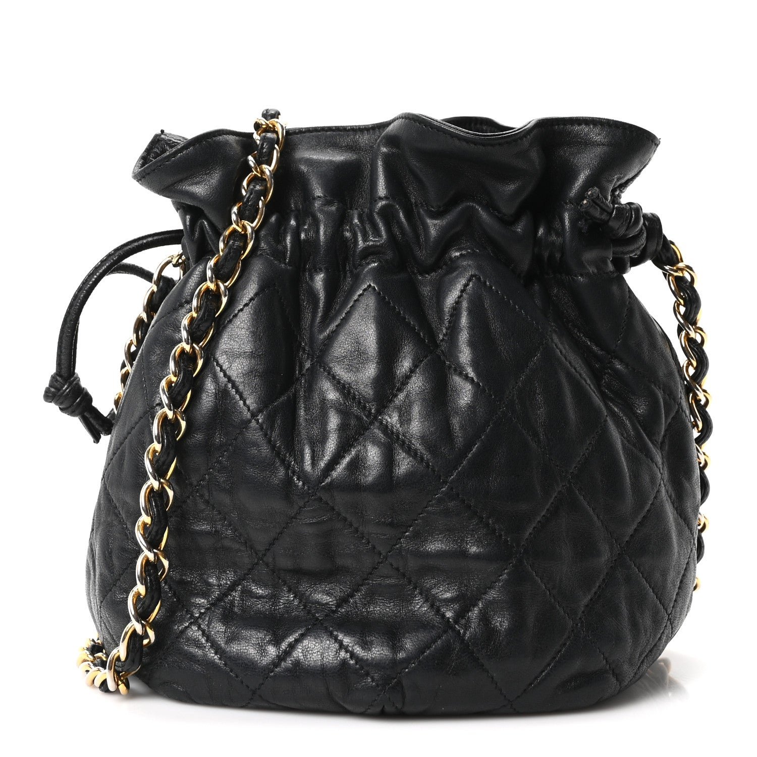 Chanel Lambskin Quilted Mini Drawstring Bucket Bag Black