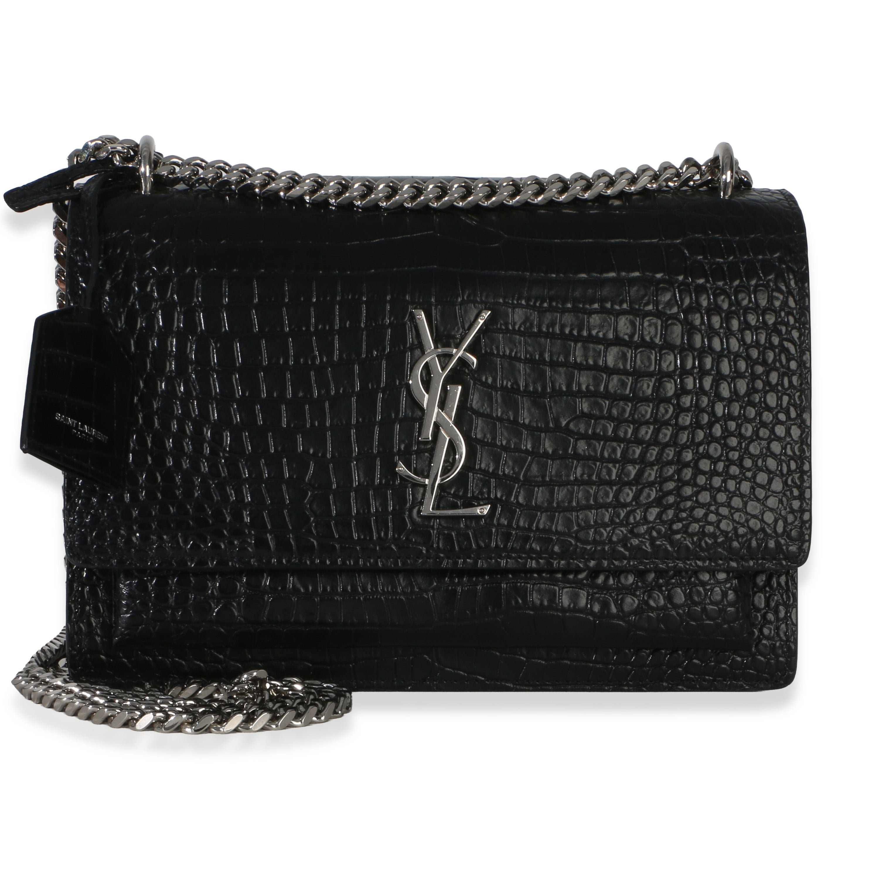 Black Croc Embossed Calfskin Medium Monogram Sunset Bag