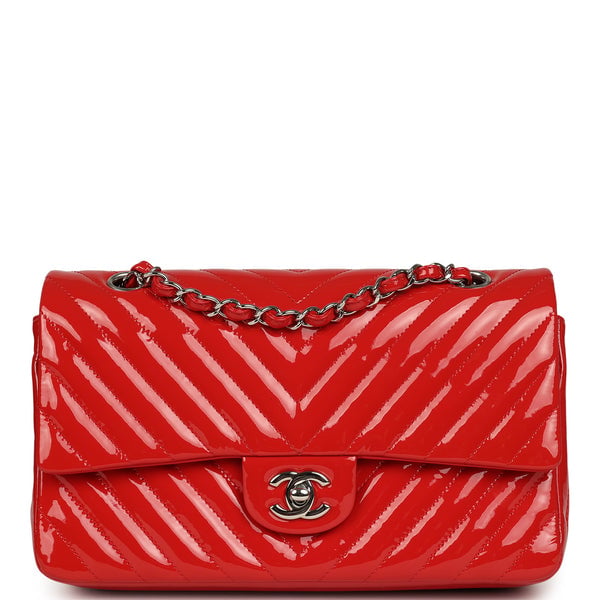 Pre-owned Chanel Medium Chevron Classic Double Flap Bag Red Patent Leather Silver Hardware