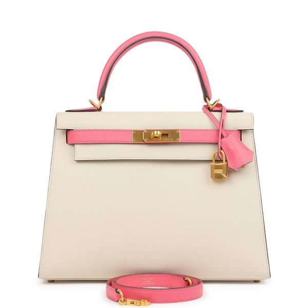 Hermes Pre-owned Hermes Special Order (HSS) Kelly Sellier 28 Craie and Rose Azalee Epsom Brushed Gold Hardware